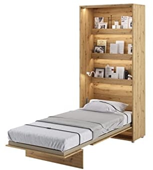 MEBLINI Schrankbett Bed Concept - Wandbett mit Lattenrost - Klappbett mit Schrank - Wandklappbett - Murphy Bed - Bettschrank - BC-03-90x200cm Vertikal - Artisan Eiche