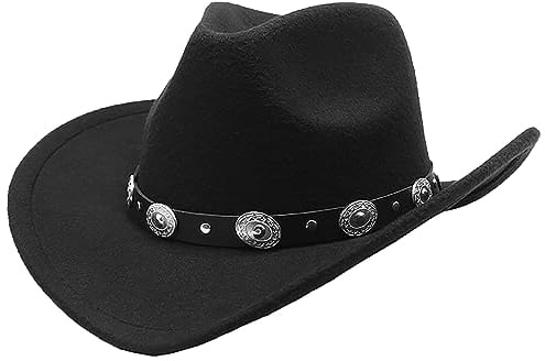 Eohak Shapeable Western Cowboyhut für Herren Damen Filz Fedoras Cap Outback Cowgirl Jazz Hüte mit Gürtelschnalle M/L, Schwarz, Medium
