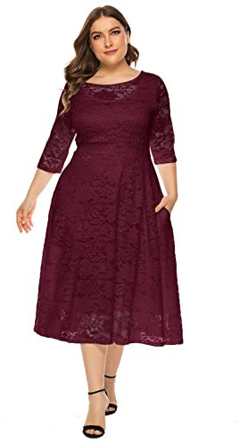 Kleider Große Größen Festlich Abendkleid Elegant für Hochzeit Mollige Frauen 3/4 Ärmel Midi Spitzenkleid Damen Hochzeit Gast Hochzeitsgast Knielang Coctailkleid Abschlusskleider Abikleid Weinrot 3XL