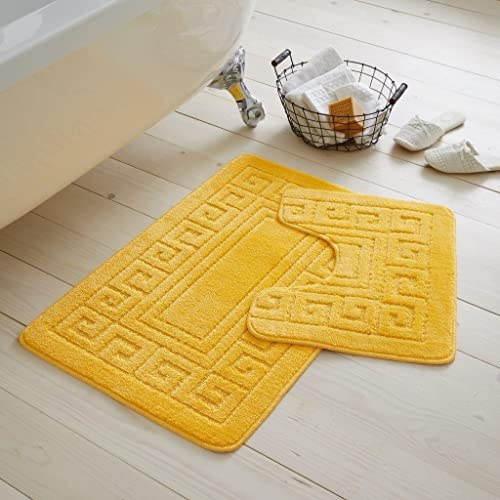 Artistic Fashionista Limited 2 Pieces GREEK Bath Mat Rugs for Bathroom - Non Slip Anti Mould Bath Mat Set - Soft - Extra Water Absorbent Pedestal Ultra Plush Bathroom Mats Toilet Shower Set (Ochre)