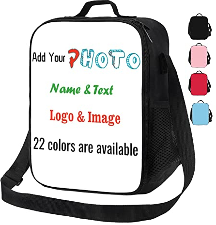 Personalised Insulated Lunch Box Bag for Boys Girls Kids Adults, Customised Meal Bags with Your Own Design Picture Text, Portable Thermal Tote Cooler Bag with Water Bottle Holder/Strap for Outdoor