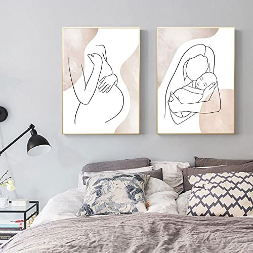 Rumlly Maternité Affiche Femme Enceinte Ligne Art Imprimer Nouveau-Né Boho Pépinière Toile Peinture Mur Photo Chambre Fête Des Mères Cadeau 20x30cmx2 Sans Cadre