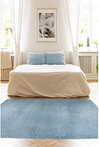 Modern Style Rugs Cosy Shaggy Plain Rectangular Denim Blue Rug, High Pile Rugs for Living Room, Bedside, 200x290 cm (6ft 6inch x 9ft x 6inch)