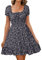 Livonmone Womens Summer Casual Sweetheart Neckline Puff Sleeve Floral Print High Waist Dress Boho Beach Mini Short Dresses (Navy, S)