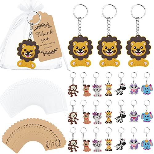 Gastgeschenke Schlüsselanhänger, 24 Stück Tiere Schlüsselanhänger mit Organzabeutel Kraft Tags, Mini Schlüsselanhänger für Taufe Baby Shower Kommunion Kinderggeburtstag Party Mitgebsel (8 Stile)