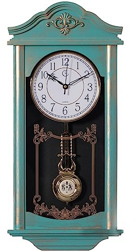 Clockswise Große Vintage-Wanduhr mit Pendel, Holzoptik, Kunststoff, für Wohnzimmer, Küche oder Esszimmer, groß, Blau mit goldfarbenem Used-Look
