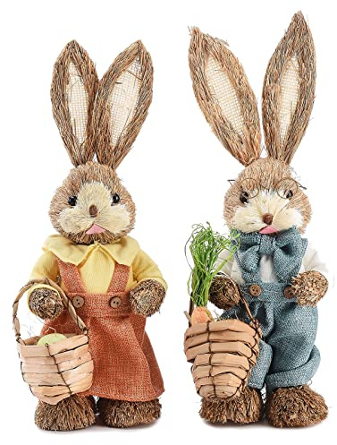 Juego de 2 Figuras de Conejo de Pascua de Pie, Bonita Estatua de Conejos de Pascua de Paja Tejida Rústica, Decoración de Escritorio de Muñeca de Conejo de Pascua para Decoración de Vacaciones(#1)