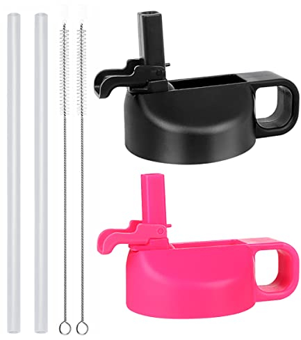 Straw Lid for 12 32 40 64 oz Wide Mouth Water Bottle, Lids Compatible with Hydro Flask Sports Water Bottle Straw Lid Top Straw Cap-Dust Cover Design (Black/Pink)