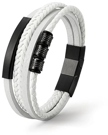 UNIQAL | Lederarmband Herren BLACK SHAPE Mens Bracelet | Edelstahl, Echtleder | Etui Box Gratis (Weiß, 23)