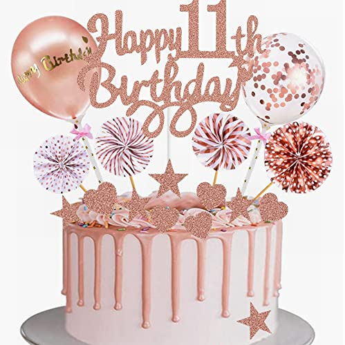 Yunchu Online Tortendeko 11. Geburtstag Mädchen - Happy 11th Birthday Cake Topper Roségold - Kuchen Topper 11 Jahre - Kuchendeko Cupcake Toppers
