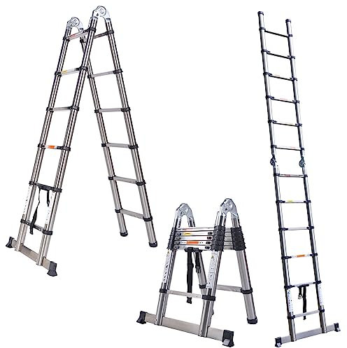 AUTOFU 2.5m + 2.5m(5m) / 16.5ft A Frame Telescopic Ladder Extendable Ladder Multi-purpose Ladder, 150kg/ 330lbs Max Load Stable Ladder Collapsible Ladder for Indoor and Outdoor Work