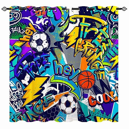 YUANZU Sport Vorhänge Kinder Jungen Neon Textur Fußball Ösen Gardinen mit Blickdichte Vorhang Kälteschutz Blackout Curtain Kinderzimmer Schlafzimmer Verdunkelung Fenster, 2 Stück, H 160 x B 132 cm