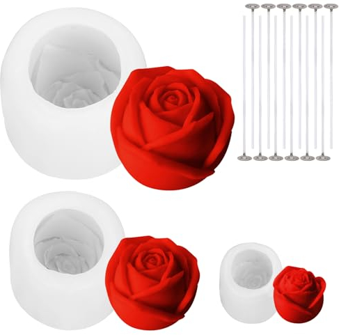 3Pezzi Stampo in Silicone Forma di Rosa, 3D Stampi per Candele Stampi per Sapone Stampo in Resina Epossidica Nani Fai da Te produzione candele, con Candela Stoppino per Sapone Caramelle Aromaterapia