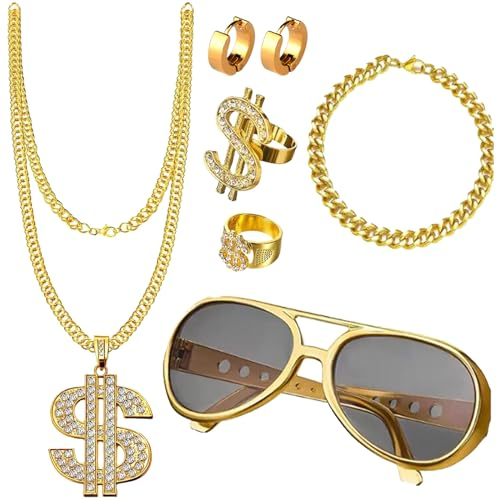 BDSHUNBF 7 Stück Hip Hop Kostüm Set, 80er 90er Jahre Outfit Herrenm, Rapper Accessoires für Männer Zuhälter Kostüm Set, Halskette Dollar Ring Goldkette Armband für Herren Verkleidung Set Party