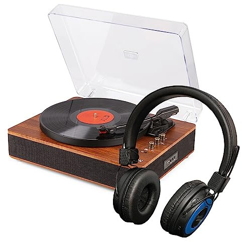 Fenton RP162D Bluetooth Record Player with Wireless Headphones, Vinyl to MP3 Conversion, Built-in Stereo Speakers, Bluetooth Transmitter, 3-Speed, Walnut Finish, Home Audio Turntable System