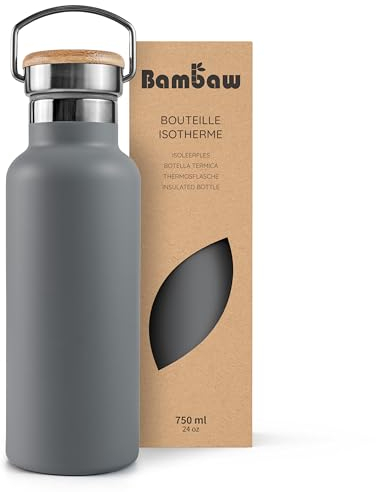 Bambaw Insulated 750ml Stainless Steel Leakproof Eco Friendly Water Bottle with Bamboo Lid – Stormy Grey