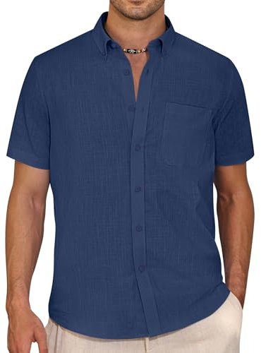 J.VER Men's Linen Cotton Shirts Shrink Free Short Sleeve Button Down Regular Fit Shirt Casual Lightweight Summer Tropical Party Travel Shirts with Pocket Navy L