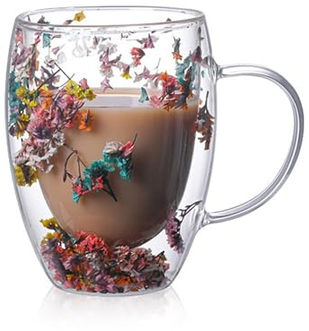 Dried Flower Double Wall Glass Cup, Aesthetic Flowers Coffee Mugs, Cute Insulated Tea Cups with Handle Heat Resistant for Women, Ideal Gifts for Birthday Mother's Day - Perfect for Wife Mom Friend (D)