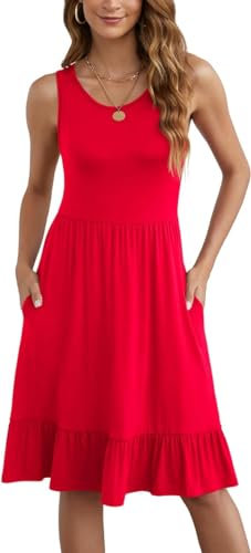 Yommay Kleider Damen Sommer Elegante Knielang A-Linie Kleid Casual Rundhals Tank Top Strandkleid mit Taschen,Rot,M
