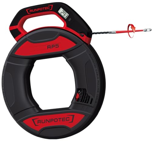 RUNPOTEC - RP5 Kabeleinziehwerkzeug | 30m Kabeleinziehhilfe mit 3-fach verdrilltem Spezialkunststoffband Ø 5,5mm| Kabelziehhilfe mit patentierter Führungsspitze | Inkl. digitalem Meterzähler