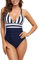 BOUTIKS Costume da bagno da donna, costume da bagno con volant, design a triangolo, scollo a V, a righe, senza pancia, increspato, costume da bagno intero con imbottitura, Blu mare, L