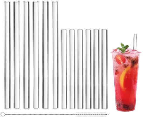 12 Pcs Glass Straws Reusable, Drinking Glass Straws Transparent with 1 Cleaning Brushes, Glass Straws Drinking Two Sizes 6x20cm and 6x15cm, Environmentally Friendly Straws for Smoothies, Drinks