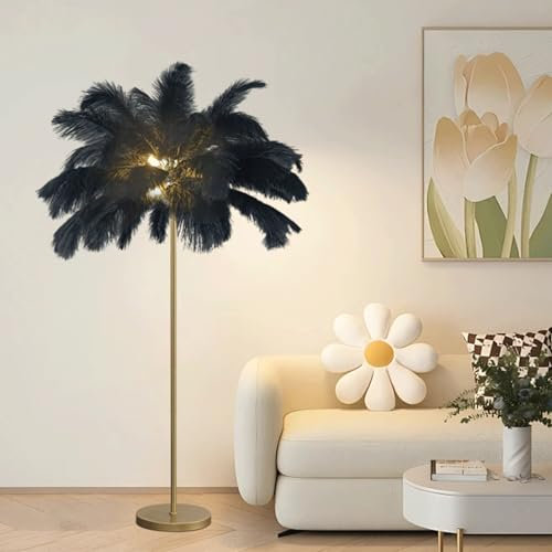 YQGOO Federlampe Stehlampe Wohnzimmer Feder Stehlampe Gold mit 3-Farbig Dimmbarem,Stehlampe Federn Moderne mit Fußschalter,Verlängerte Federn geeignet für Wohnzimmer,Schlafzimmer,Arbeitszimmer(Black)