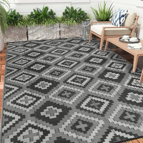 Enyhom Grand Tapis d'extérieur réversible en Paille tissée imperméable pour Jardin, Camping-Car, terrasse, Porche, Pique-Nique, Plage, remorque, Barbecue - 180 x 270 cm - Noir et Gris