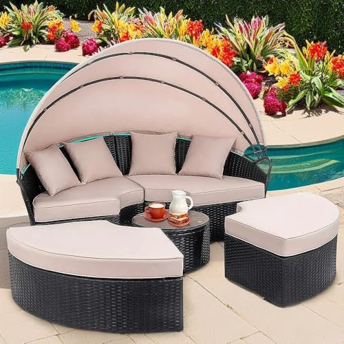 Mucola Sonneninsel mit Sonnenschutzdach Sonnenliege Schwarz Polyrattan Lounge Gartenmuschel 180CM Gartenliege 10 cm Dicke Kissen | wetterfest |