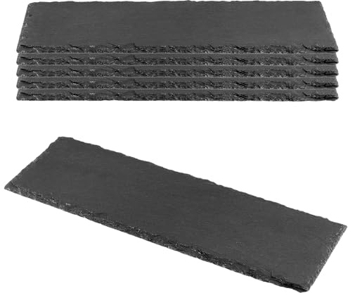 CHEUKYIU 6 Stück 30x10 cm Schwarz Schiefer, Naturschiefer Schieferplatte Servierplatte, Rechteckige Schieferplatte für Steak Vorspeise Sushi