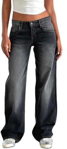 TERAZUNO Niedrige Taille Jeans Bootcut für Damen Jeans mit Glocke Dunkelblaue Jeans Hose mit Taschen Baggy Trend 90er Lose Jeans Klassiker Vintage Harajuku Gewaschene Jeans