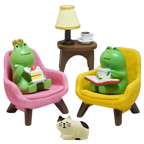 Inufcub Miniature Frog Desk Set with Sofa & Lamp - 6-Piece Cute Frog Figurines for Office Decor, Shelf Decor, Home Decor, Resin Gift for Women, Frog Lovers (Frog)
