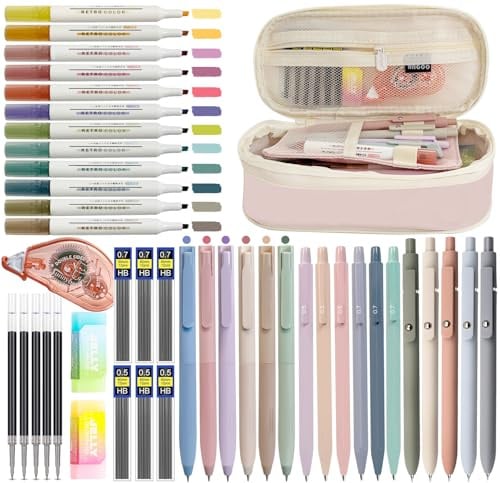 SeBeLi 44 Stück Schulsachen mit Mäppchen, 12 Pastell Textmarker, 11 Gelstifte, 6 Druckbleistift, Aesthetic Mäppchen Stifte Set für Teenager Mädchen School Stuff Büro Frauen Erwachsene (Rosa)