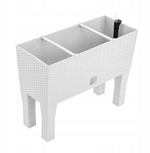B2C Raised Planter Plant Pot On Legs Rattan Large Look Texture White Anthracite Flower Box 60cm 80cm Home Growing Garden Decoration (White, L 60cm x H 46cm)