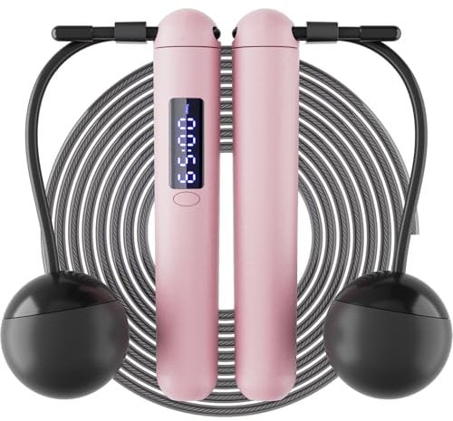 ACHDOFITS Skipping Ropes for Adults - 2 In 1 Tangle-Free Cordless Skipping Rope with Counter Large Ball-Weighted, Adjustable Steel Wire Jump Rope with LED Display, for Men Women Fitness and Workout