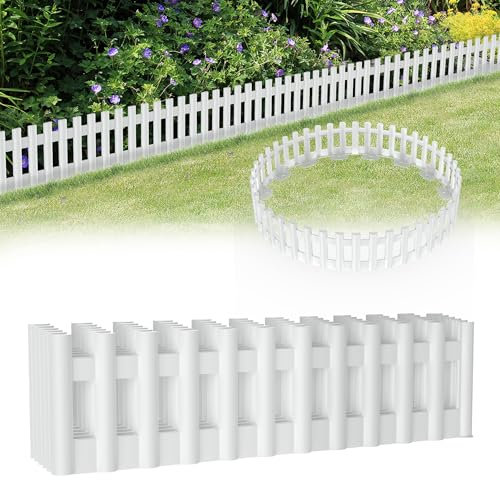 HENGMEI 516cm Holzoptik Rasenkanten Kunststoff Beeteinfassung Beetumrandung in Holzimitation Mähkante 12 stücke Palisaden Gartenzaun, Weiß(Element 43cm x 12 cm)