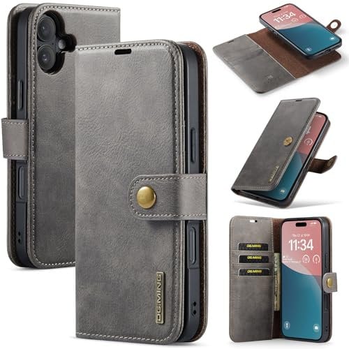 DG.MING 2-in-1 Detachable Magnetic Leather Wallet Case for iPhone 16,Flip Cover with 3 Card Slots,1 Hidden Cash Slot,Flip Stand & Shockproof Phone Cover(Gray)