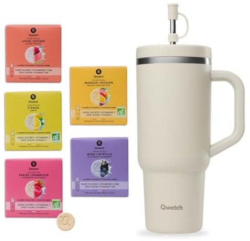 QWETCH – Coffret Hydratation : Travel Cup 900ml + 15 Pastilles SOLID DRINKS d'hydratation vitaminées – Gourde Isotherme avec Paille – Saveurs Fruitées avec Vitamines C&B – Zéro Sucre, Made in France