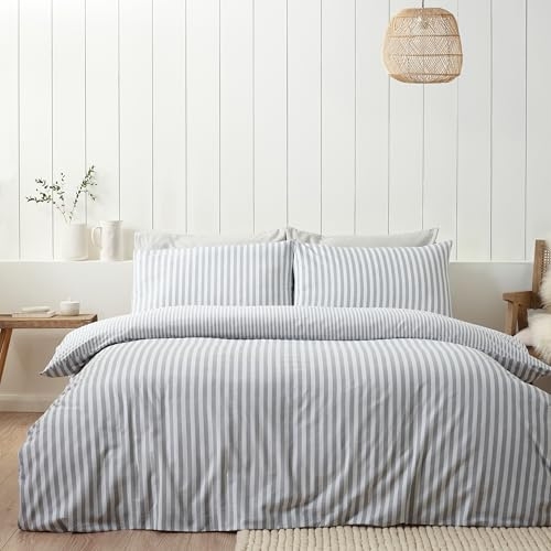 Catherine Lansfield Parure de lit Double réversible en Coton brossé à Rayures avec taies d'oreiller Gris argenté