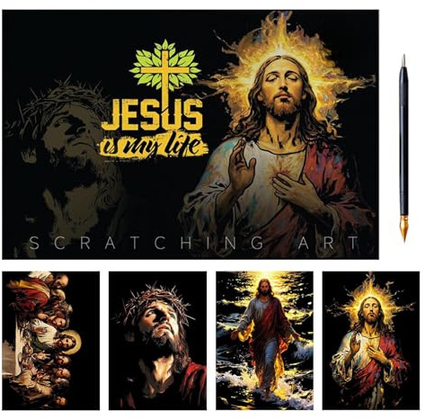 Generisch 4 Stück Groß Kratzbilder Erwachsene, 41 X 29 Cm Jesus Regenbogen Kratzpapier Mit Stift, Christliche Geschenke, Anti Stress Spielzeug Scratch Arts Kratzmalerei Für Damen Und Herren