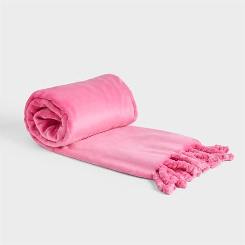 OHS Hot Pink Fleece Blanket Throws for Sofas Soft Warm Cosy Tassel Blanket for Bed Settees Armchairs Lightweight Fluffy Single Bed Throws, 120 x 150cm