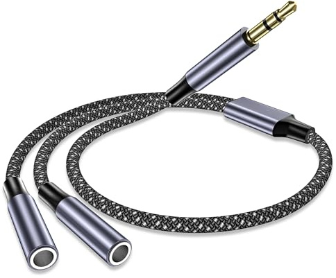 Splitter Audio Jack Double 3.5mm Mâle vers 2 Femelle Câble Nylon, 0.4M Rallonge Jack Prise Double Adaptateur pour Casques Audio, Enceintes, Smartphones, Tablettes, Gaming Headset, Lecteurs MP3 et Plus