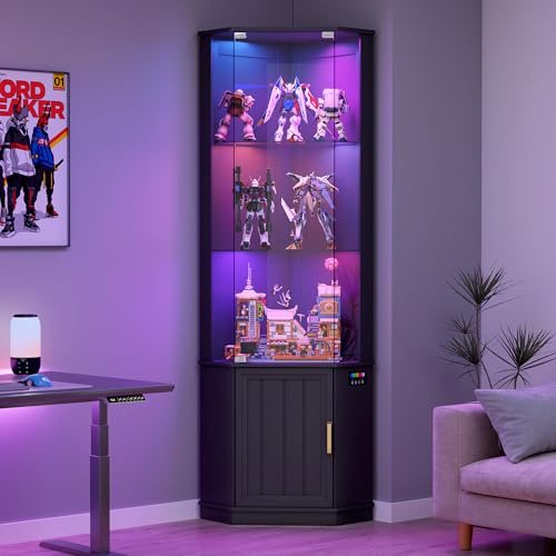 175cm Eckvitrine mit RGB Beleuchtung,Intelligente Sensorik für Wohnzimmer | Glasvitrine mit Glastüren,3 Lagen für Schlafzimmer Büro,Studie,Schätze Sammlervitrine,Schwarz