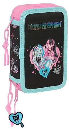 MONSTER HIGH Schulmäppchen mit 37 Utensilien, Kindermäppchen, ideal für Kinder von 5 bis 14 Jahren, bequem und vielseitig, Qualität und Widerstandsfähigkeit, 12,5 x 5,5 x 19,5 cm