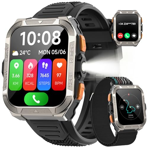 IOWODO Militär-Smartwatch mit GPS & Taschenlampe| ChatGPT | 7 Tage Akku |Bluetooth Telefonie & 100+ Sportmodi | 900mAh/100 Tage Standby | Kompass & 2 Bänder | IP68 Wasserdicht | Für Android & iOS