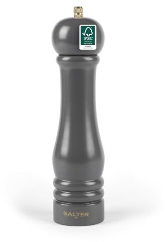Salter Olea Manuelle Mühle, 23 cm, Anthrazit, Salz oder Pfeffer | FSC®-Certified, Gummibaumholz, verstellbares Keramikmahlwerk, nachfüllbar, Drehmechanismus, austauschbare S- und P-Kappen