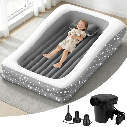 MALLOOM Aufblasbares Reisebett für Kinder, mit elektrischer Pumpe, Matratze und Kissen, tragbares Luftbett mit Sicherheitskanten, ideal für Camping, Sternenmotiv, Grau