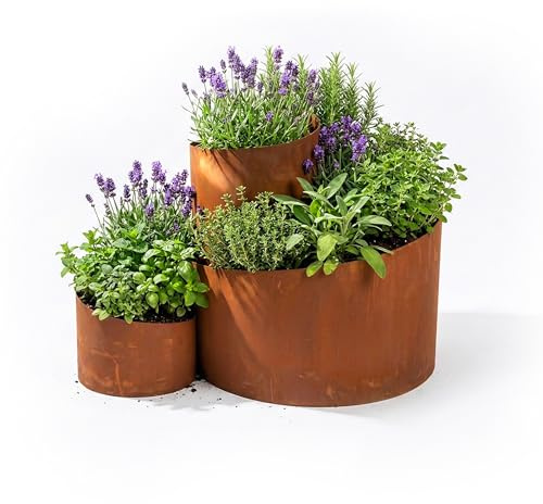 Relaxdays Kräuterspirale, HxBxT: 43 x 61 x 41 cm, 3 Segmente, Rost, Stahl, Kräuterpyramide Garten, Kräuterbeet, braun