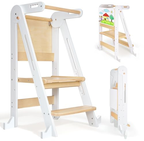 Lernturm Montessori Platzsparend und Höhenverstellbar Klappbar Lernstuhl für Kinder mit Kippschutz & Anti-Rutsch-Trittfläche für Kinder ab 1 Jahr Learning Tower, Tritthocker (Weißes 2)