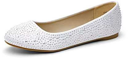 DREAM PAIRS Womens Ballet Flat Slip-on Rhinestone Ballerina Pumps Shoes Loafers,Size 5,White,Sole-Shine